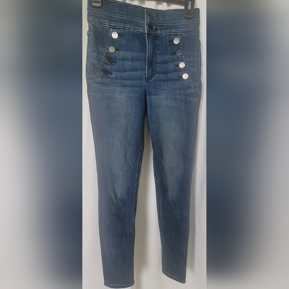 EXPRESS  SAILOR HIGH WAISTED ANKLE JEANS WITH SILVER BUTTON DETAIL SIZE 2 - Picture 2 of 5